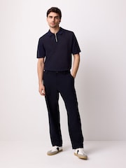 Navy Blue Regular Fit Short Sleeve Mesh Knit Quarter Zip Polo Shirt - Image 4 of 10