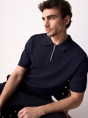 Navy Blue Regular Fit Short Sleeve Mesh Knit Quarter Zip Polo Shirt - Image 5 of 10