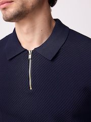 Navy Blue Regular Fit Short Sleeve Mesh Knit Quarter Zip Polo Shirt - Image 6 of 10