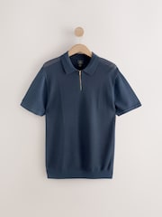 Navy Blue Regular Fit Short Sleeve Mesh Knit Quarter Zip Polo Shirt - Image 8 of 10