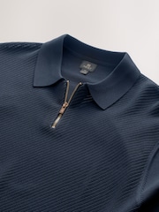 Navy Blue Regular Fit Short Sleeve Mesh Knit Quarter Zip Polo Shirt - Image 9 of 10