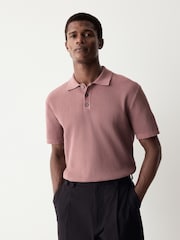 Blush Pink Regular Fit 100% Cotton Short Sleeve Knit Textured Rib Polo Shirt - Image 1 of 4