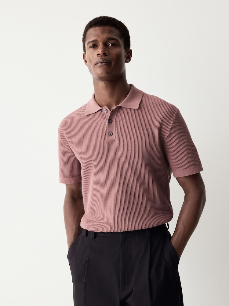 Blush Pink Regular Fit 100% Cotton Short Sleeve Knit Textured Rib Polo Shirt - Image 1 of 4
