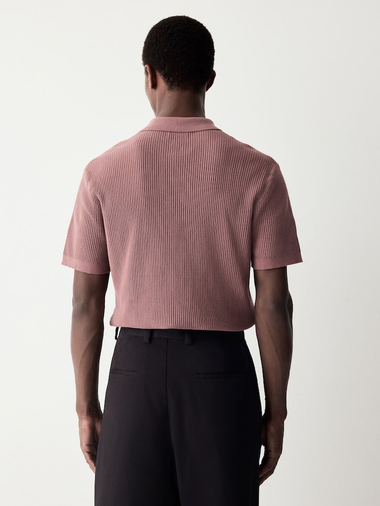 Blush Pink Regular Fit 100% Cotton Short Sleeve Knit Textured Rib Polo Shirt - Image 2 of 4