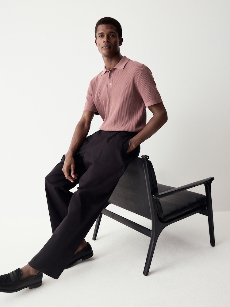 Blush Pink Regular Fit 100% Cotton Short Sleeve Knit Textured Rib Polo Shirt - Image 3 of 4