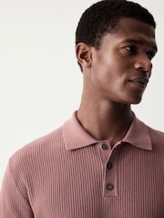Blush Pink Regular Fit 100% Cotton Short Sleeve Knit Textured Rib Polo Shirt - Image 4 of 4
