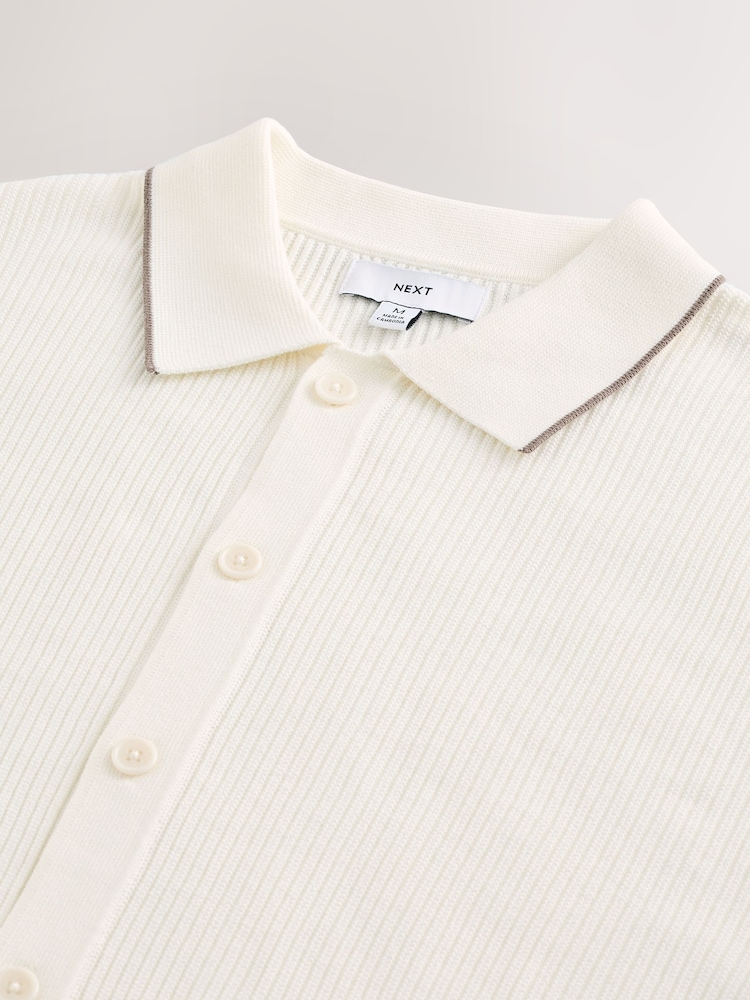 Ecru White Regular Fit 100% Cotton Short Sleeve Tipped Knitted Shirt - Image 8 of 8