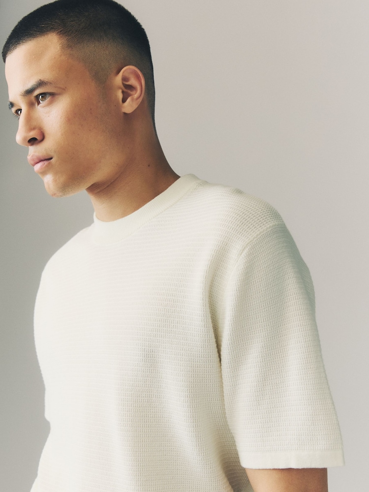 Ecru White Regular Fit Cotton Rich Textured Knit Crew T-Shirt - Image 1 of 8