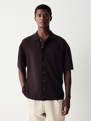 Brown Relaxed Fit Premium Short Sleeve Knit Button-Through Polo Shirt - Image 1 of 7