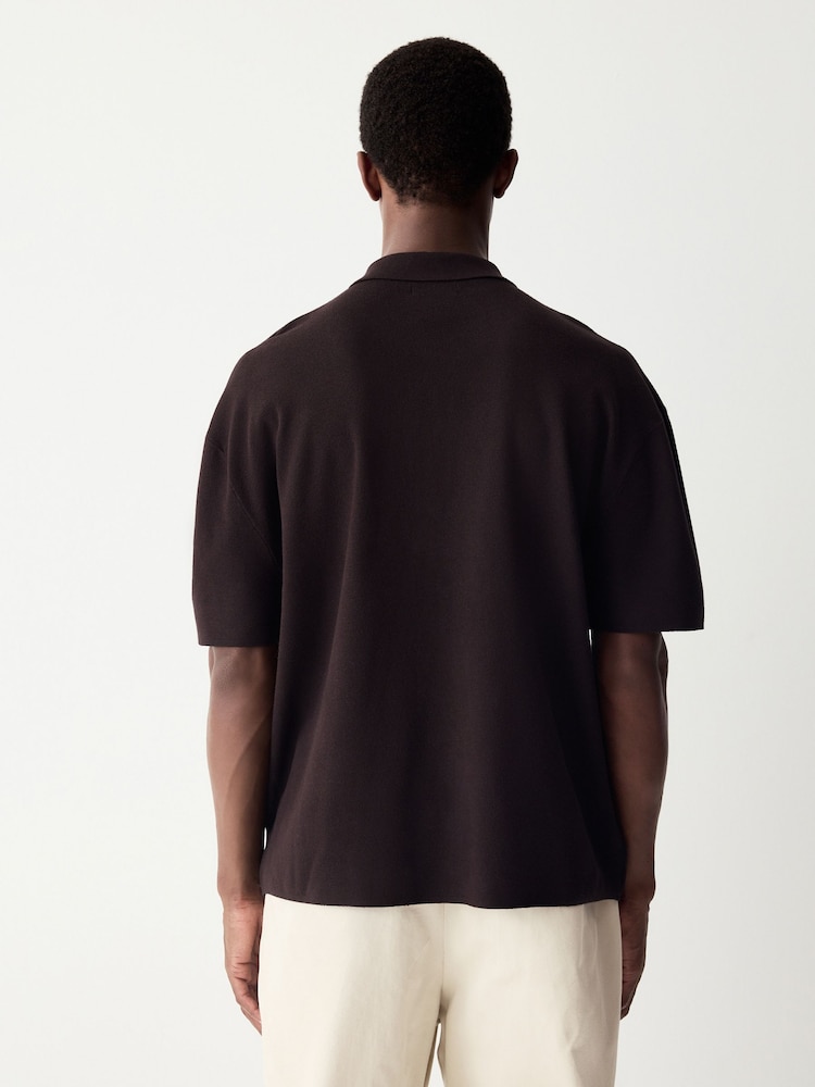 Brown Relaxed Fit Premium Short Sleeve Knit Button-Through Polo Shirt - Image 2 of 7