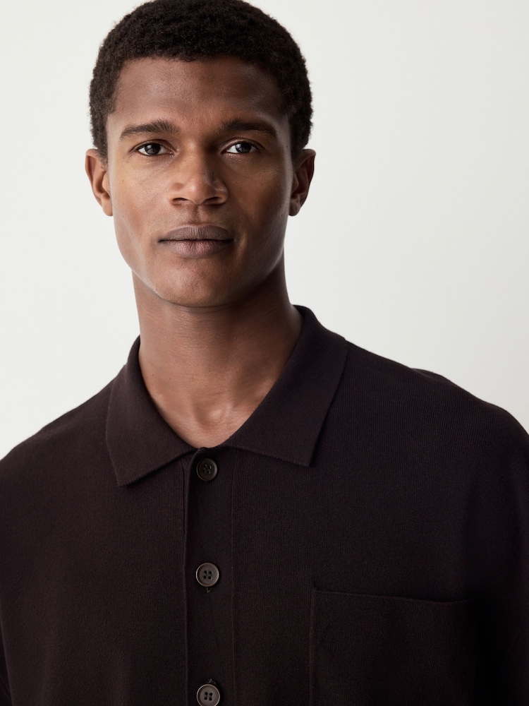 Brown Relaxed Fit Premium Short Sleeve Knit Button-Through Polo Shirt - Image 4 of 7