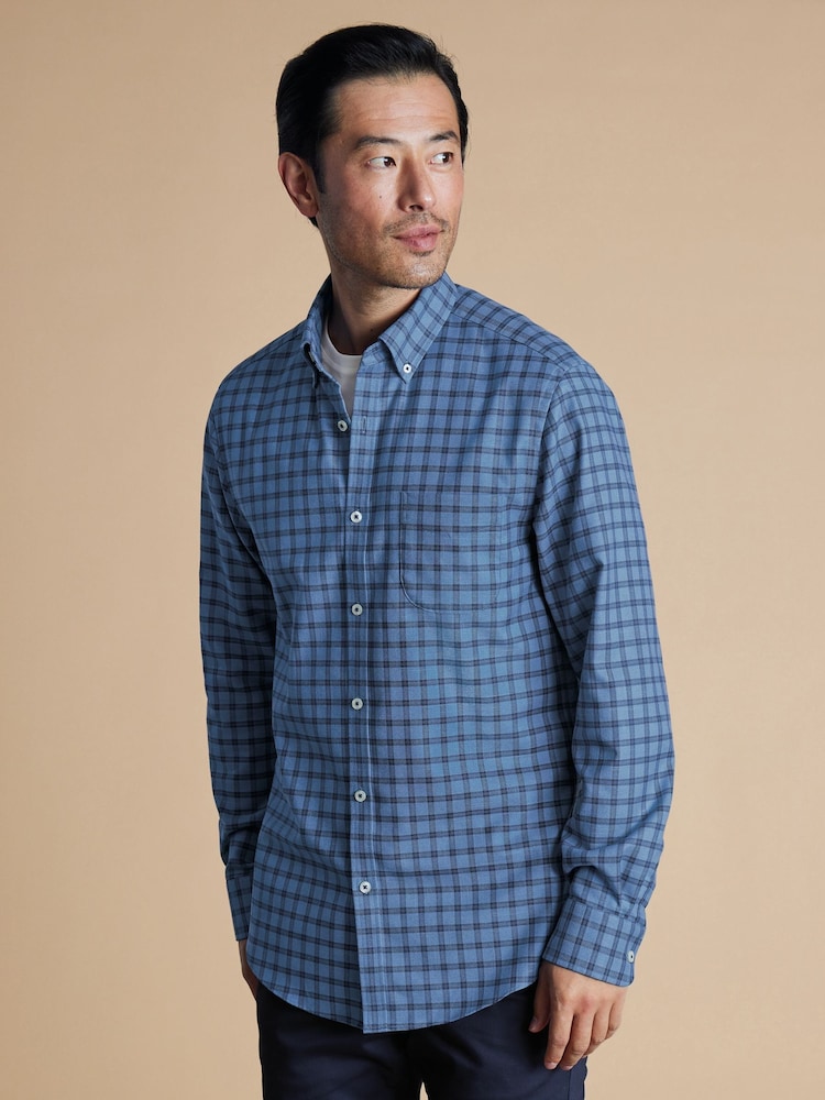 Charles Tyrwhitt Blue Slim Fit Check Non-Iron Twill 100% Cotton Shirt - Image 1 of 7