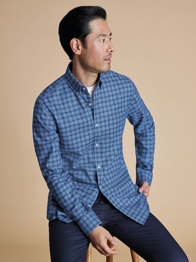 Charles Tyrwhitt Blue Slim Fit Check Non-Iron Twill 100% Cotton Shirt - Image 2 of 7