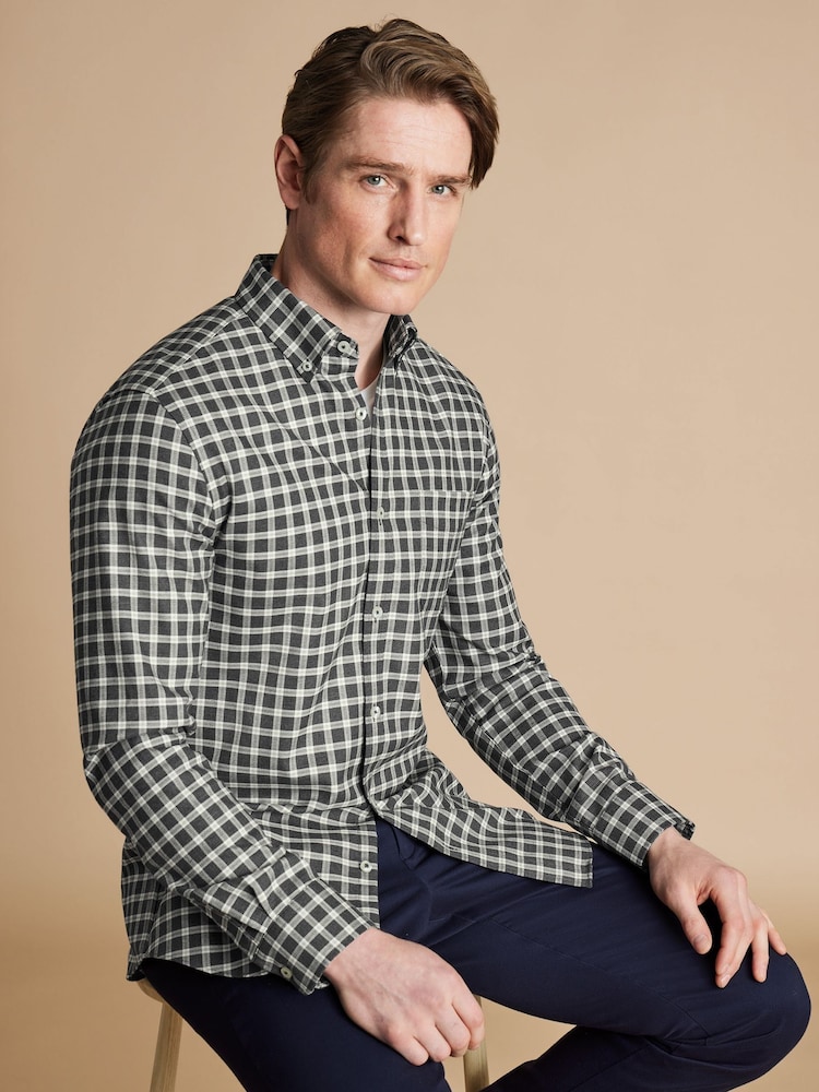 Charles Tyrwhitt Grey Slim Fit Check Non-Iron Twill 100% Cotton Shirt - Image 2 of 7