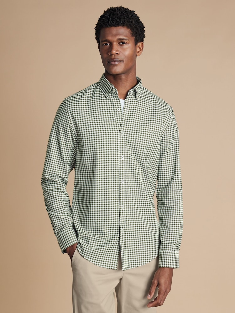 Charles Tyrwhitt Green Slim Fit Check Non-Iron Twill 100% Cotton Shirt - Image 1 of 6
