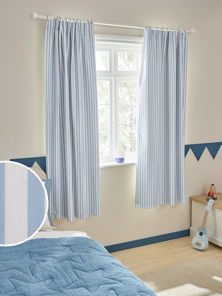 Blue Stripe Pencil Pleat Blackout Curtains - Image 1 of 8