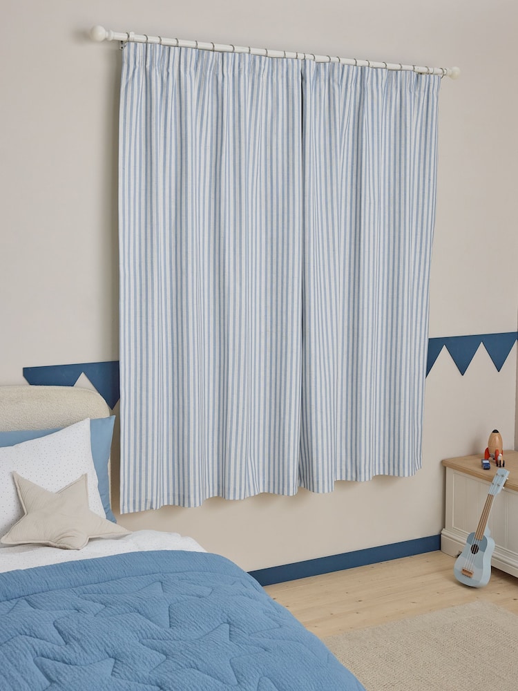 Blue Stripe Pencil Pleat Blackout Curtains - Image 2 of 8