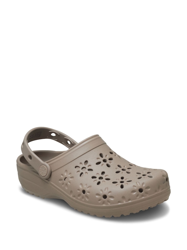Crocs Taupe Adults Floral Cut Out Clogs - Image 3 of 7