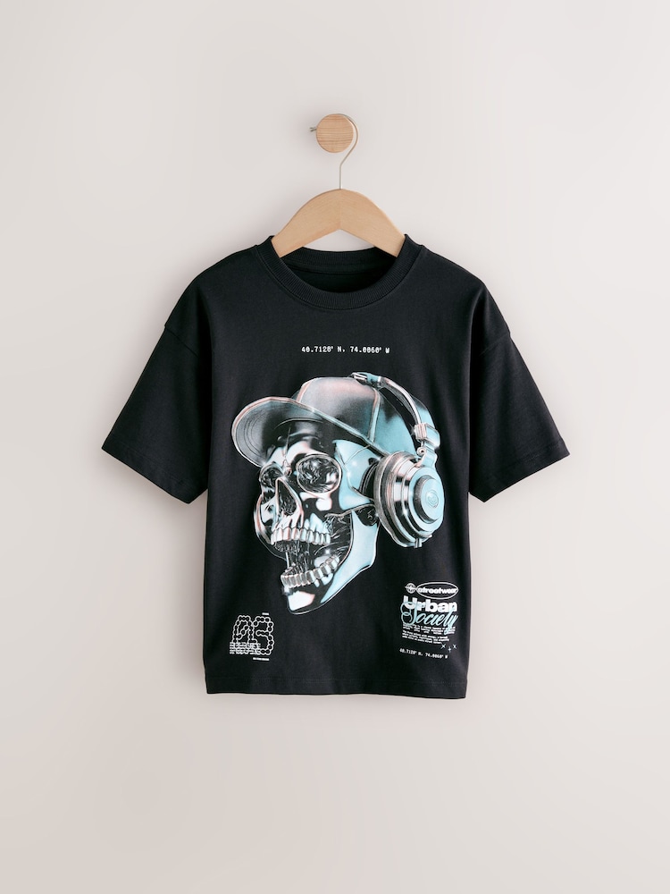 Black Skull Headphones Relaxed Fit Short Sleeve Graphic Print T-Shirt (3-16yrs) - Image 1 of 4