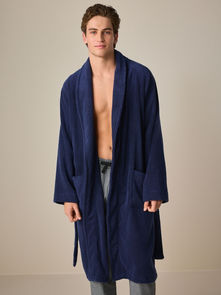 Navy Blue 100% Cotton Premium Towelling Dressing Gown - Image 1 of 7