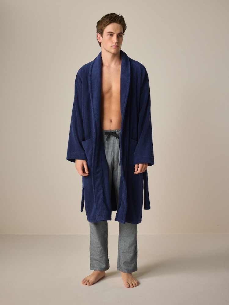 Navy Blue 100% Cotton Premium Towelling Dressing Gown - Image 3 of 7