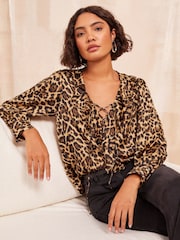 Friends Like These Brown Animal Ruffle Detail Long Sleeve Blouse - Image 1 of 4