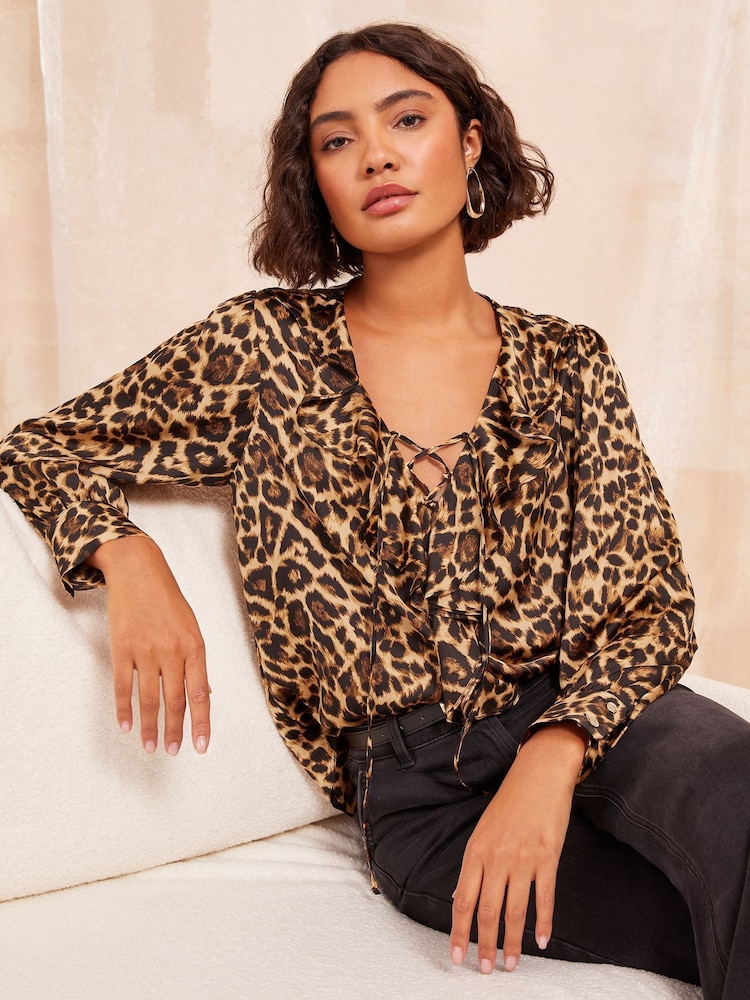 Friends Like These Brown Animal Ruffle Detail Long Sleeve Blouse - Image 1 of 4