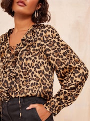 Friends Like These Brown Animal Ruffle Detail Long Sleeve Blouse - Image 2 of 4