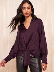 Friends Like These Purple Tie Front Satin Shirt With Long Sleeve - Image 1 of 4