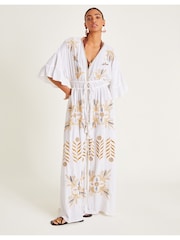 Monsoon White Jasmine Embroidered Kaftan Maxi Dress - Image 1 of 5