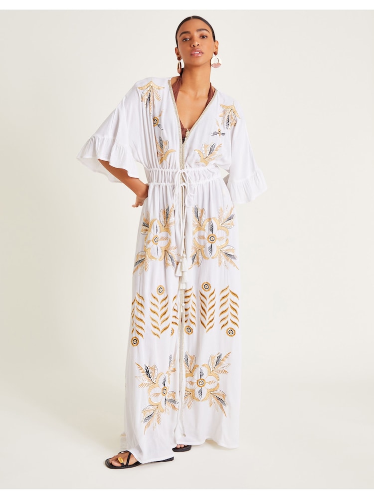 Monsoon White Jasmine Embroidered Kaftan Maxi Dress - Image 1 of 5
