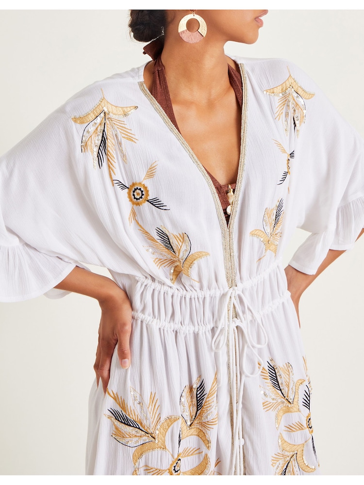 Monsoon White Jasmine Embroidered Kaftan Maxi Dress - Image 2 of 5