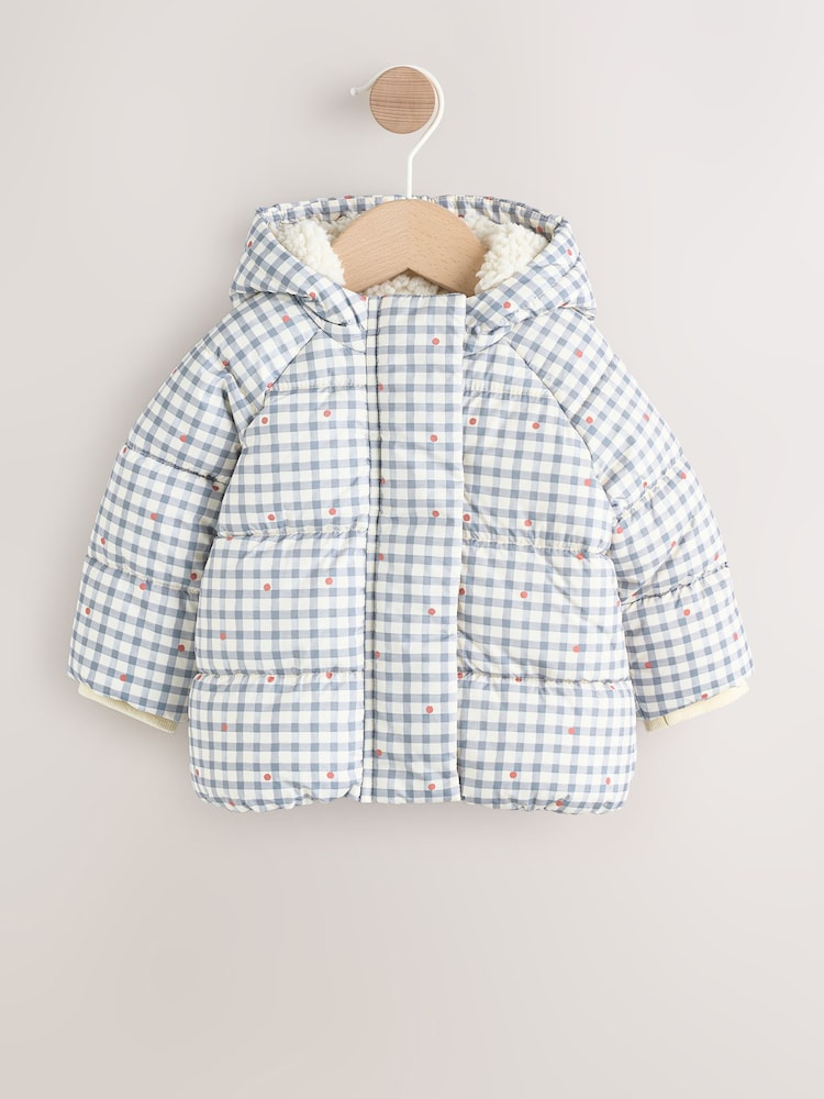 Grey Gingham Hooded Baby Padded Jacket (0mths-2yrs) - Image 1 of 8 Grey Gingham Hooded Baby Padded Jacket (0mths-2yrs) - Image 1 of 8
