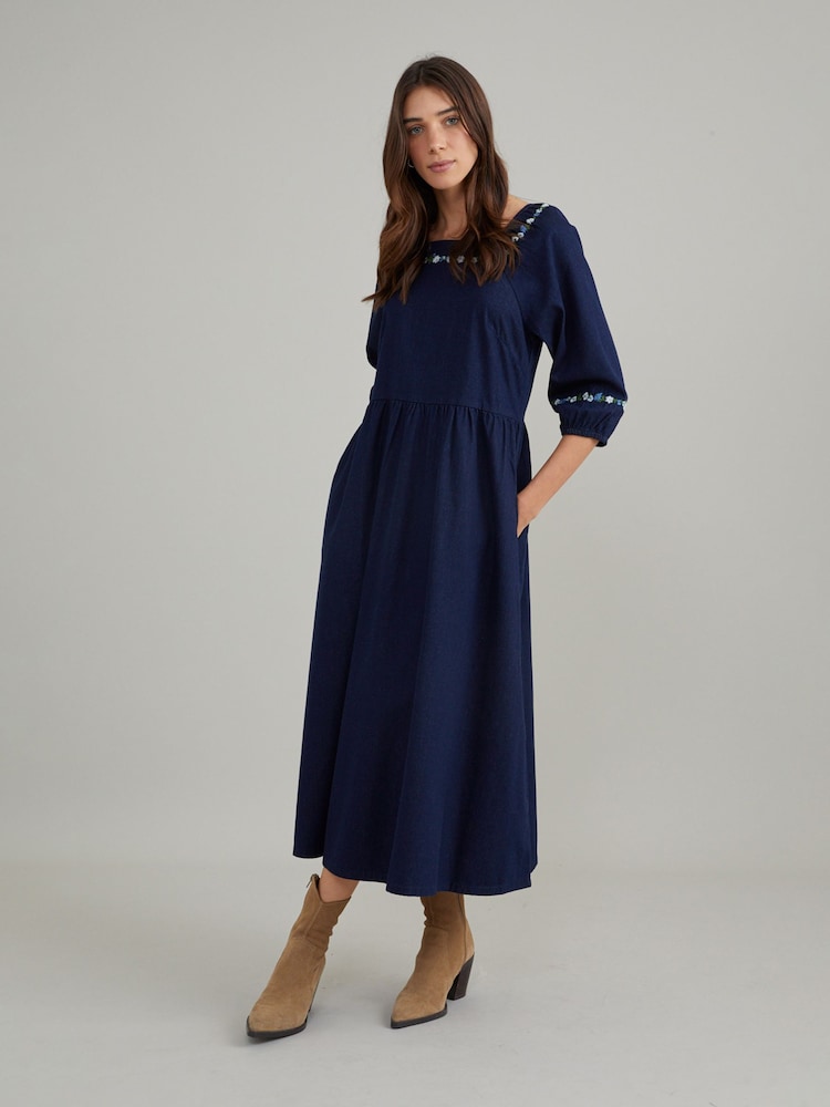 Nobodys Child Blue Denim Garland Embroidered Midi Dress - Image 1 of 4