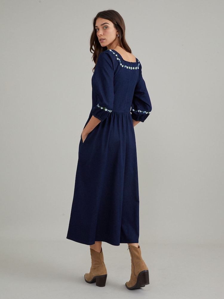Nobodys Child Blue Denim Garland Embroidered Midi Dress - Image 2 of 4