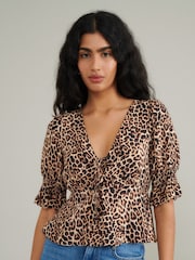 Nobody's Child Brown Leopard Print Lace-Up Top - Image 3 of 4