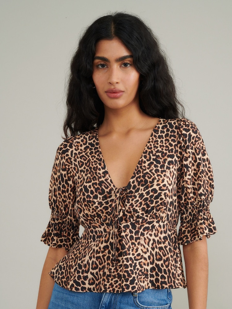 Nobody's Child Brown Leopard Print Lace-Up Top - Image 3 of 4