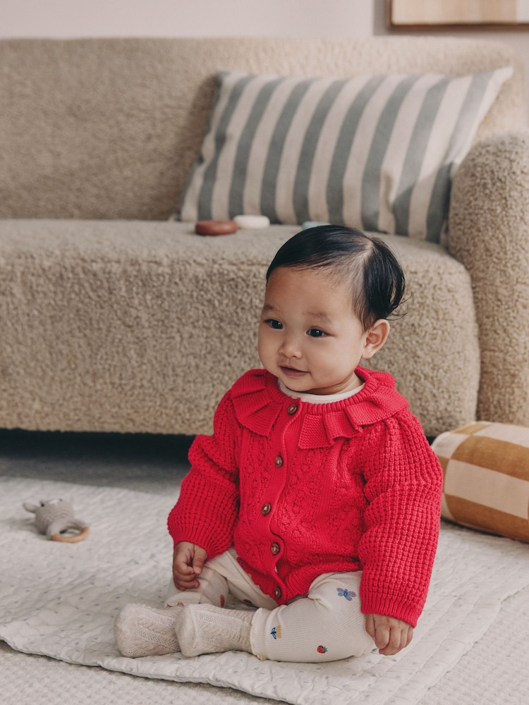 Red Knitted Frill Collar Baby Cardigan (0mths-2yrs) (0mths-2yrs) - Image 1 of 9 Red Knitted Frill Collar Baby Cardigan (0mths-2yrs) (0mths-2yrs) - Image 1 of 9