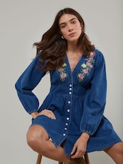Nobodys Child Blue Denim Embroidered Starlight Mini Dress - Image 1 of 5