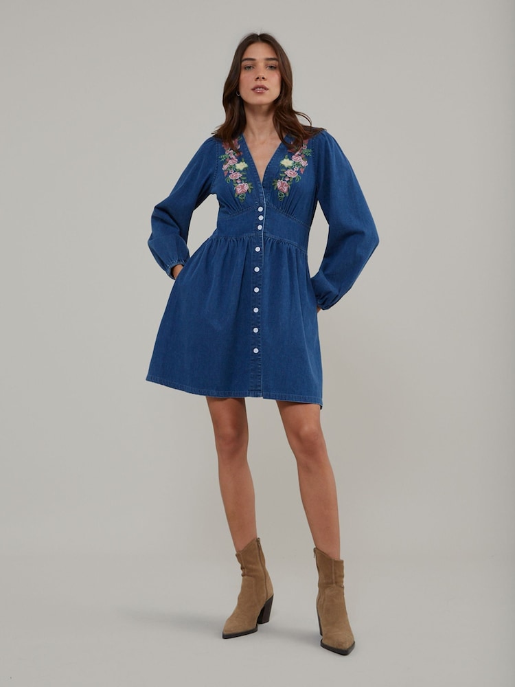 Nobodys Child Blue Denim Embroidered Starlight Mini Dress - Image 2 of 5