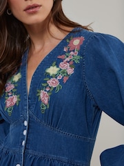 Nobodys Child Blue Denim Embroidered Starlight Mini Dress - Image 4 of 5
