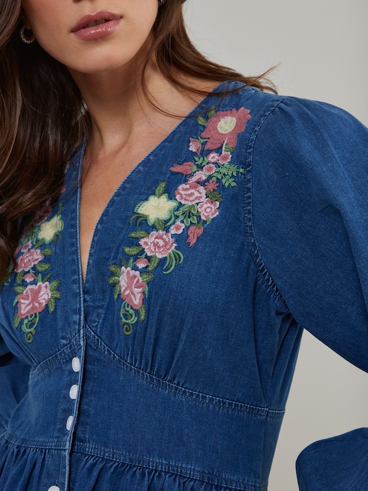 Nobodys Child Blue Denim Embroidered Starlight Mini Dress - Image 4 of 5