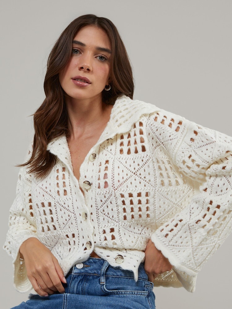 Nobodys Child Cream Pointelle Stitch V Neck Cardigan - Image 1 of 4