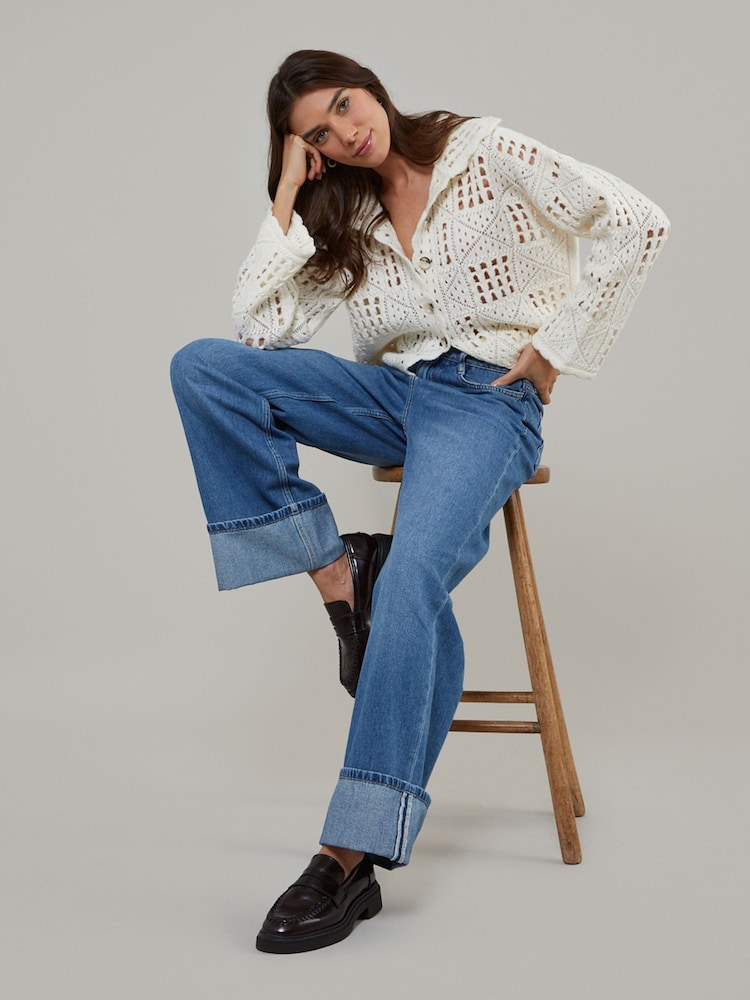 Nobodys Child Cream Pointelle Stitch V Neck Cardigan - Image 2 of 4