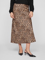 VILA Brown Satin Leopard Print Midi Skirt - Image 1 of 4