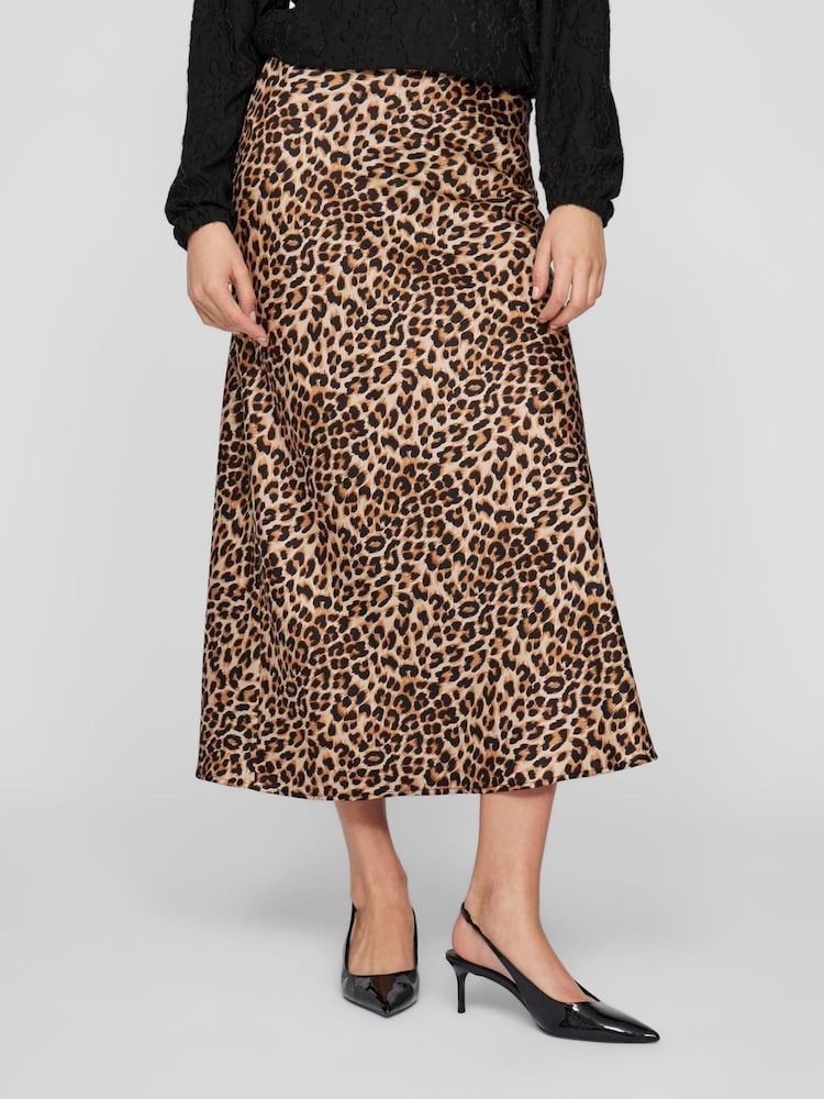 VILA Brown Satin Leopard Print Midi Skirt - Image 1 of 4 VILA Brown Satin Leopard Print Midi Skirt - Image 1 of 4