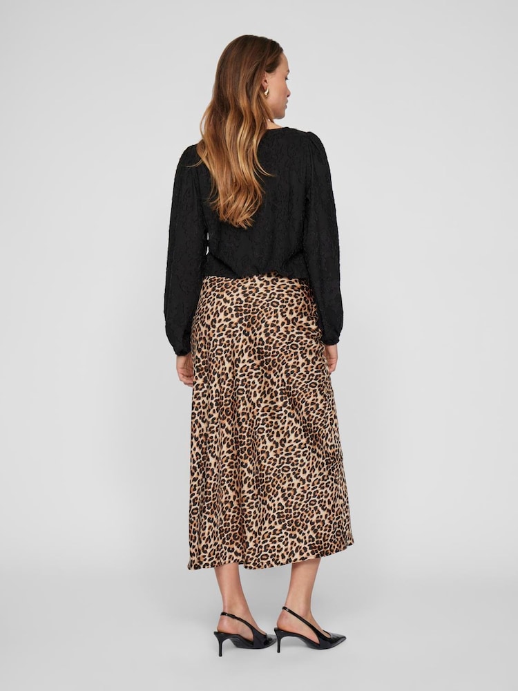 VILA Brown Satin Leopard Print Midi Skirt - Image 2 of 4