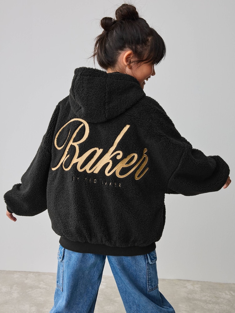Baker by Ted Baker Back Embroidery Borg Fleece Black Hoodie - Image 1 of 11 Baker by Ted Baker Back Embroidery Borg Fleece Black Hoodie - Image 1 of 11