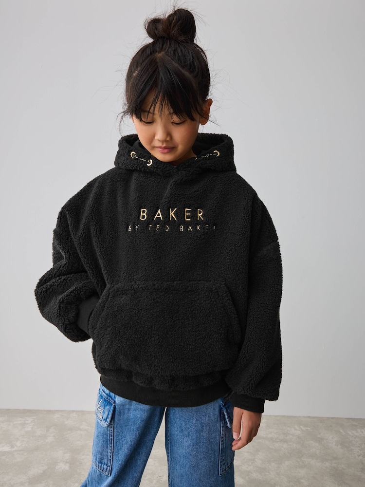 Baker by Ted Baker Back Embroidery Borg Fleece Black Hoodie - Image 2 of 11 Baker by Ted Baker Back Embroidery Borg Fleece Black Hoodie - Image 2 of 11