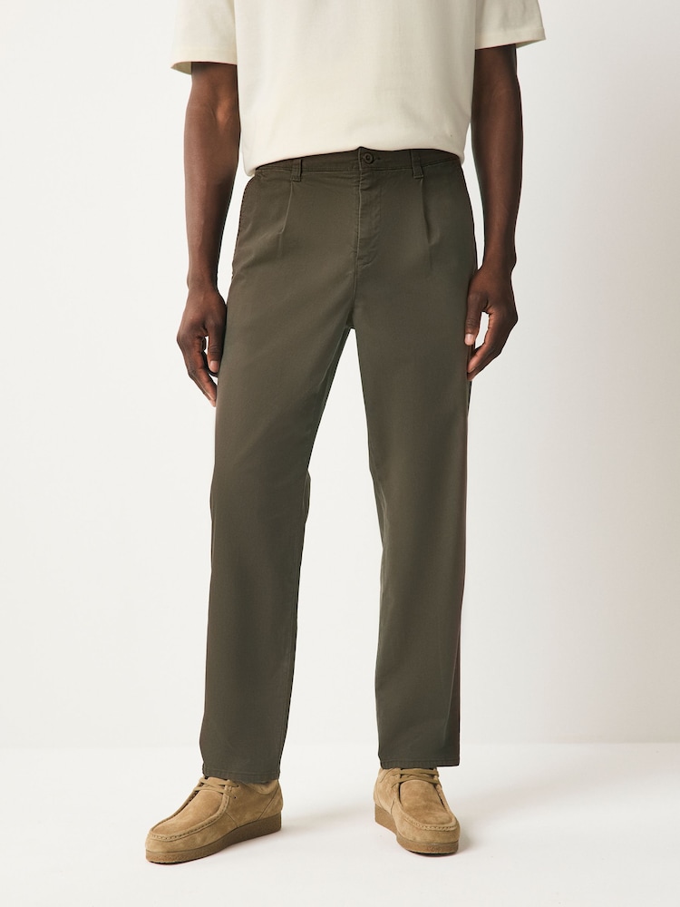 Khaki Green Relaxed Tapered Fit Pleated Textured Chino Trousers - Image 1 of 9 Khaki Green Relaxed Tapered Fit Pleated Textured Chino Trousers - Image 1 of 9
